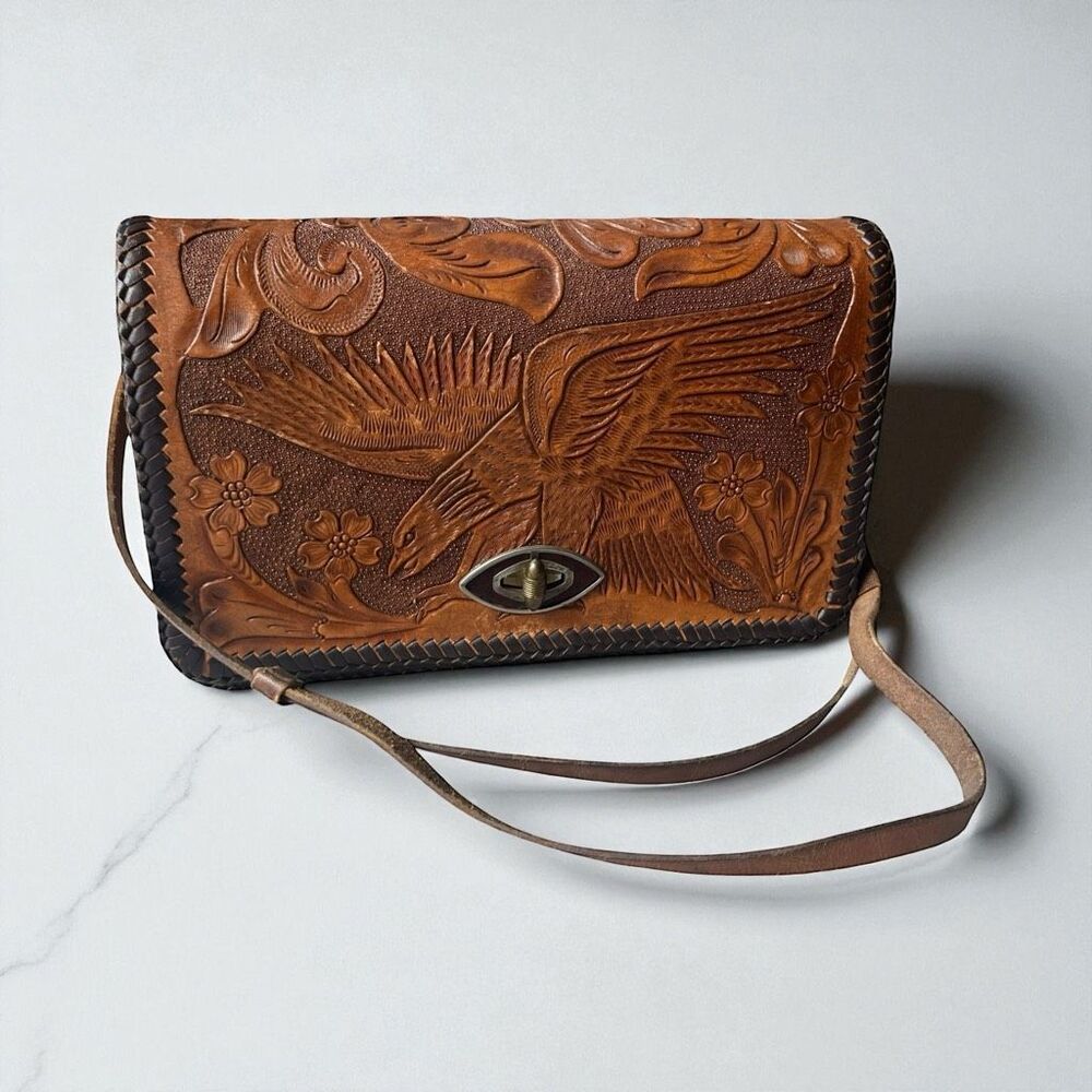 Vintage Hand Tooled Leather Crossbody Bag Eagle Floral Design Thelma